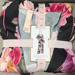 Victoria's Secret Black and Pink Floral Satin Long Pajama Set
